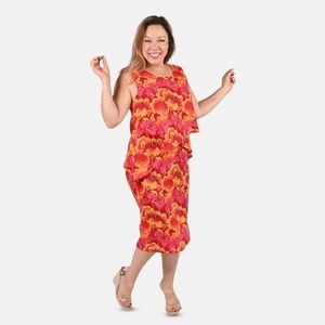 Tamsy Red/Orange/Pink Floral Dress with Kerchief Bodice Hemline L